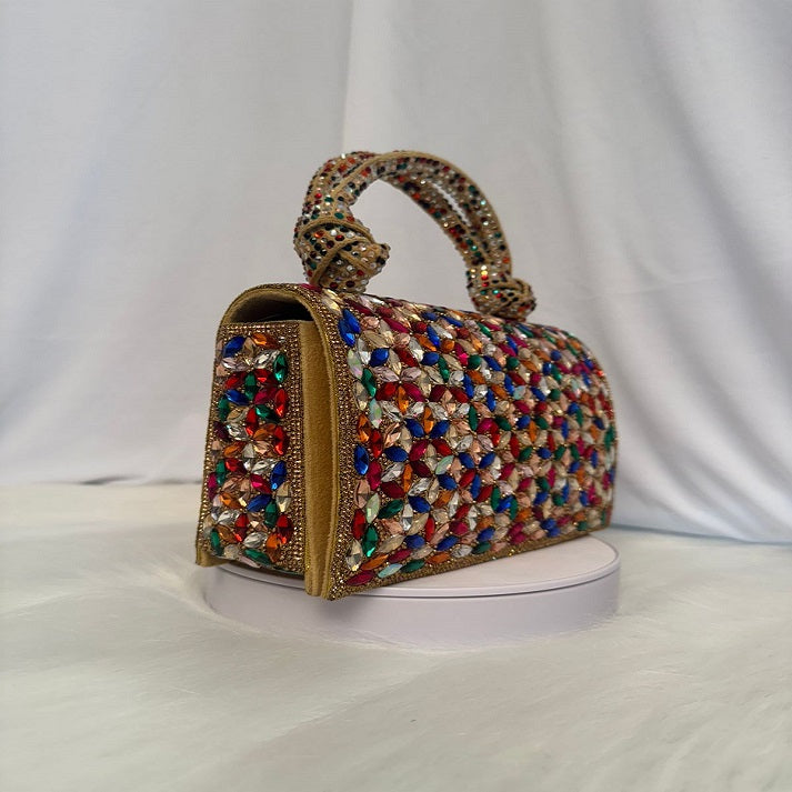 Golden Multicolour Crystal Embellished Hand Bag