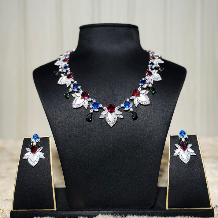 Multicolour Crystal Leaf Necklace Set with Matching Earrings