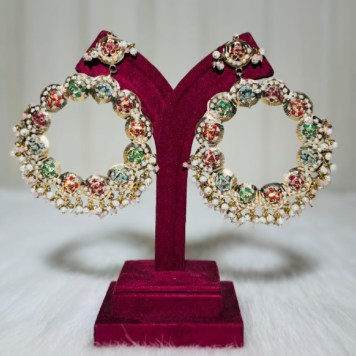 Traditional Kundan Hoop Earrings with Multicolor Stones and Pearl Drops