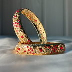 Royal Ruby Pearl Jadau Bangles | Handcrafted Gold-Tone Bridal Kada Set