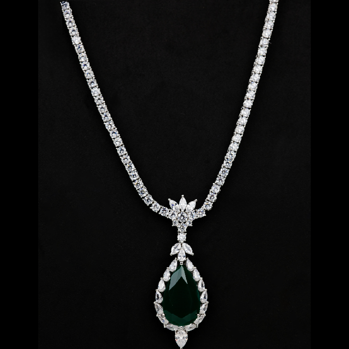 Sophisticated Emerald-Green & Silver Diamond-Halo Pendant Set