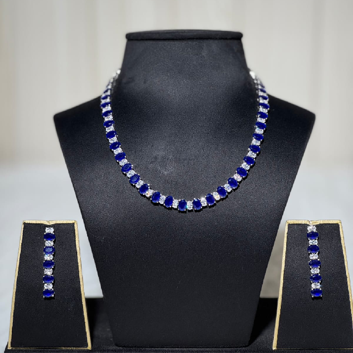 Royal Sapphire Diamond-Finish Tennis Necklace Set with Matching Earrings
