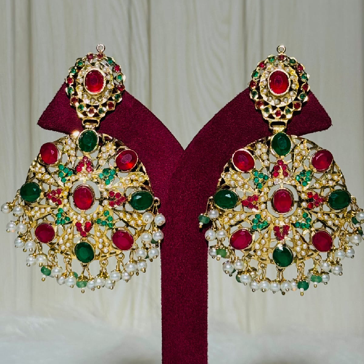 Royal Kundan Chandbali Earrings with Red & Green Stones and Pearl Drops