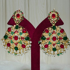 Royal Kundan Chandbali Earrings with Red & Green Stones and Pearl Drops