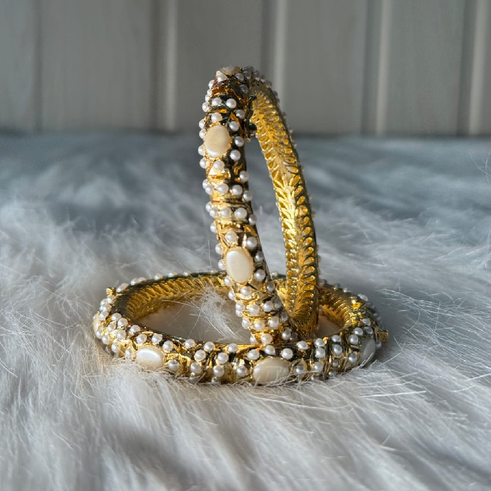 Ivory Pearl Jadau Bangles | Handcrafted Gold-Tone Traditional Kada Set