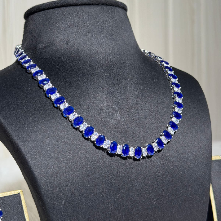 Royal Sapphire Diamond-Finish Tennis Necklace Set with Matching Earrings