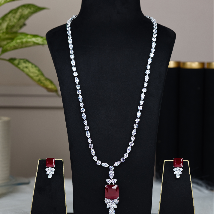 Elegant Ruby-Red Cushion-Cut Long Pendant Set