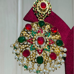 Royal Kundan Chandbali Earrings with Red & Green Stones and Pearl Drops