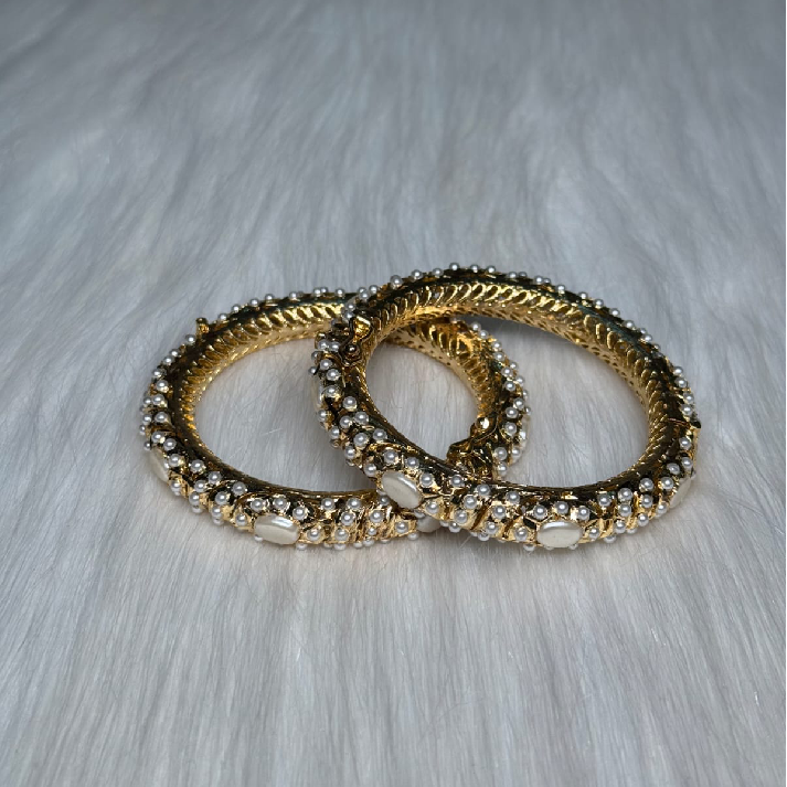 Ivory Pearl Jadau Bangles | Handcrafted Gold-Tone Traditional Kada Set