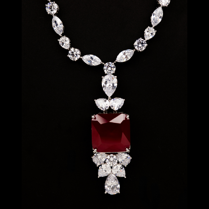 Elegant Ruby-Red Cushion-Cut Long Pendant Set