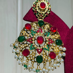 Royal Kundan Chandbali Earrings with Red & Green Stones and Pearl Drops