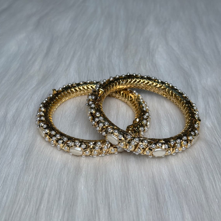 Ivory Pearl Jadau Bangles | Handcrafted Gold-Tone Traditional Kada Set