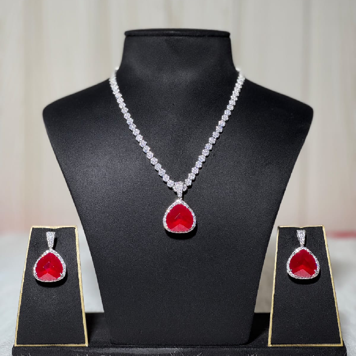 Crimson Teardrop Diamond-Finish Pendant Necklace Set with Matching Earrings