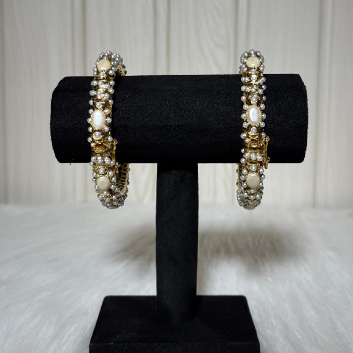 Ivory Pearl Jadau Bangles | Handcrafted Gold-Tone Traditional Kada Set