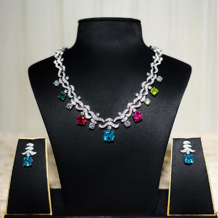 Multicolour Crystal Charm Necklace Set with Matching Drop Earrings