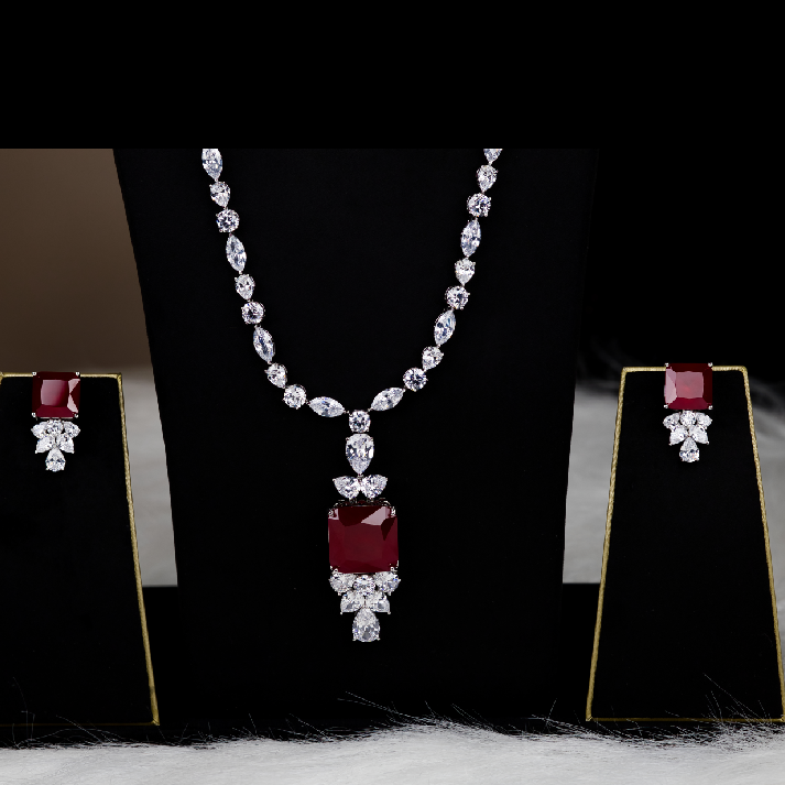 Elegant Ruby-Red Cushion-Cut Long Pendant Set