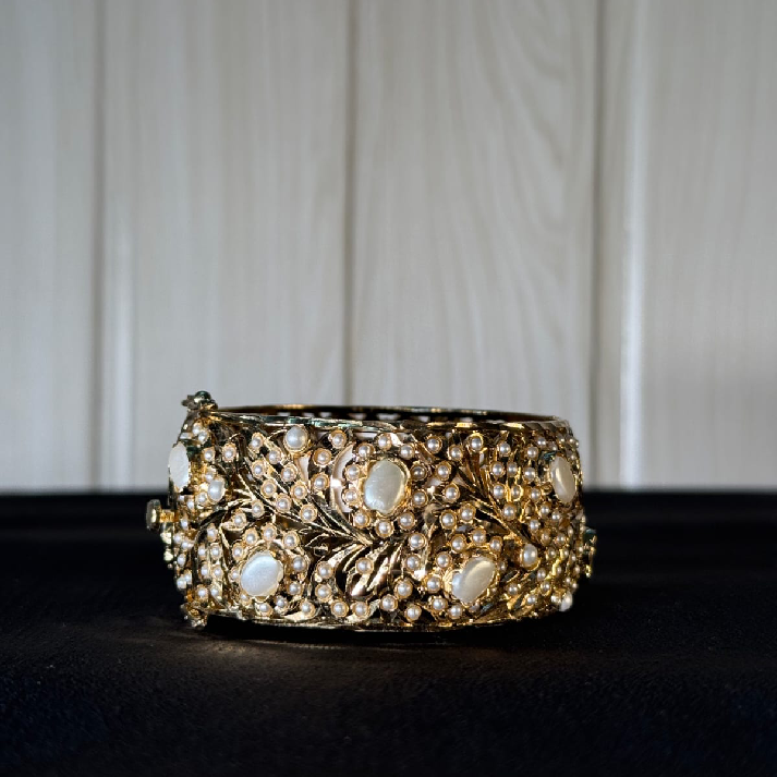 Ivory Pearl Jadau Bangle | Handcrafted Gold-Tone Traditional Kada