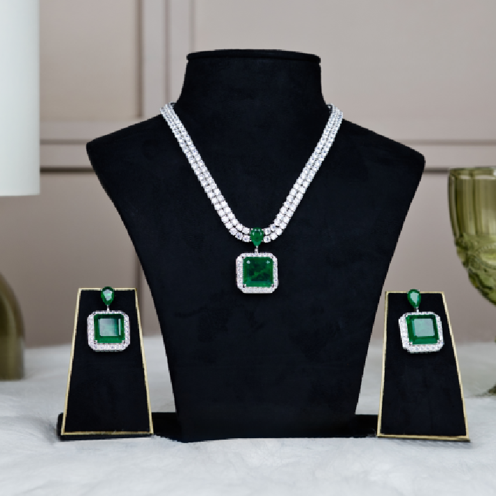 Regal Emerald-Green & Silver Diamond-Halo Statement Set