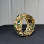 Royal Emerald Pearl Jadau Bangle | Handcrafted Gold-Tone Bridal Kada