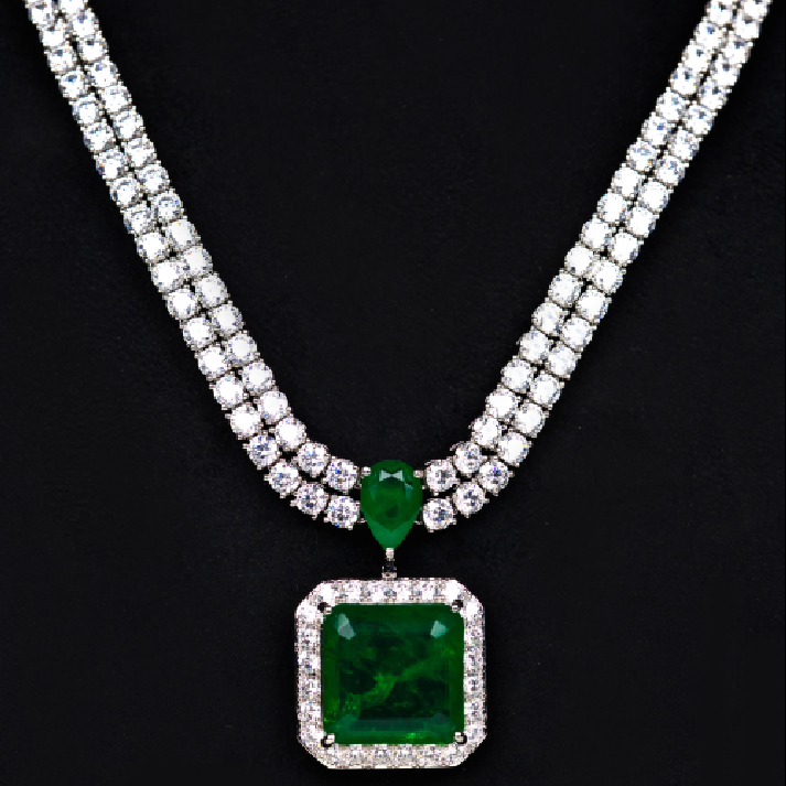 Regal Emerald-Green & Silver Diamond-Halo Statement Set