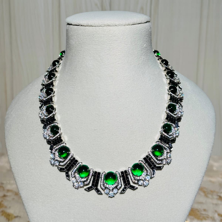 Emerald Green Stone Necklace Set with Matching Stud Earrings