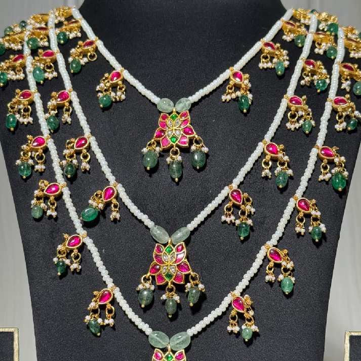 Handcrafted Ruby & Emerald Layered Pearl Necklace Set with Matching Earrings