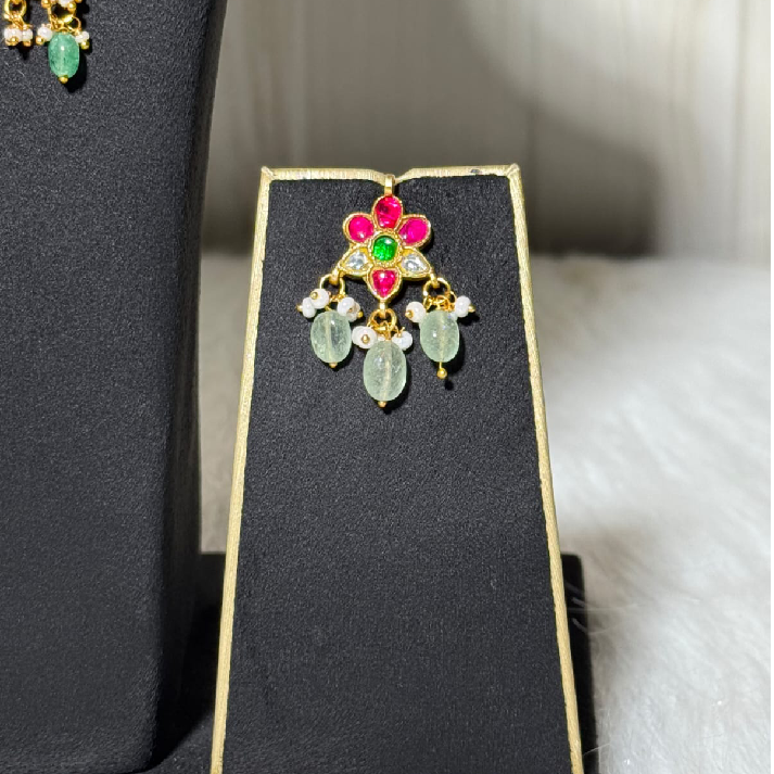 Handcrafted Ruby & Emerald Layered Pearl Necklace Set with Matching Earrings