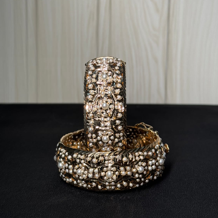 Classic Pearl Jadau Bangles | Handcrafted Traditional Gold-Tone Kada Set