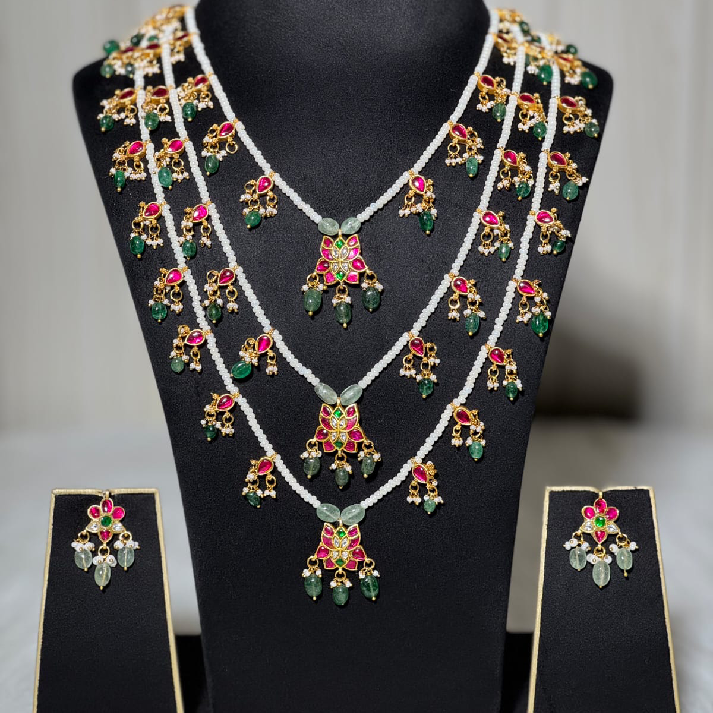 Handcrafted Ruby & Emerald Layered Pearl Necklace Set with Matching Earrings