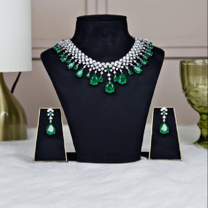 Regal Emerald-Green & Diamond-White Crystal Statement Necklace Set