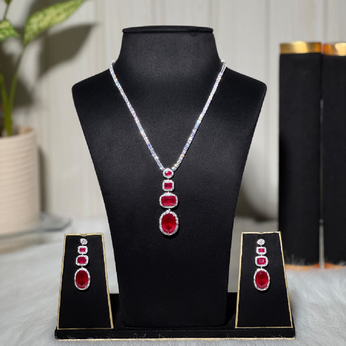 Elegant Ruby Pendant Necklace Set with Diamond Chain & Matching Earrings