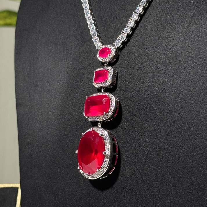 Elegant Ruby Pendant Necklace Set with Diamond Chain & Matching Earrings