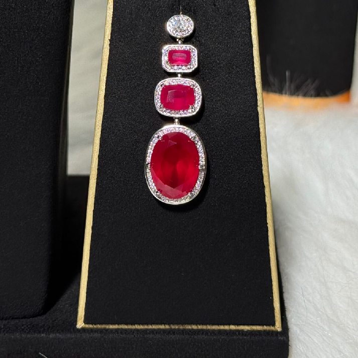 Elegant Ruby Pendant Necklace Set with Diamond Chain & Matching Earrings