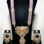 Royal Kundan Pink Beaded Long Necklace Set with Statement Earrings