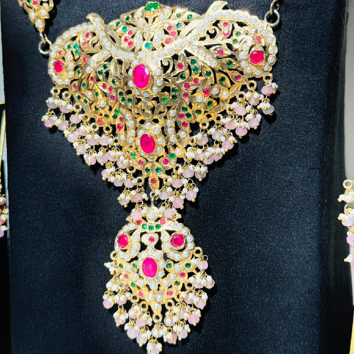 Royal Kundan Pink Beaded Long Necklace Set with Statement Earrings