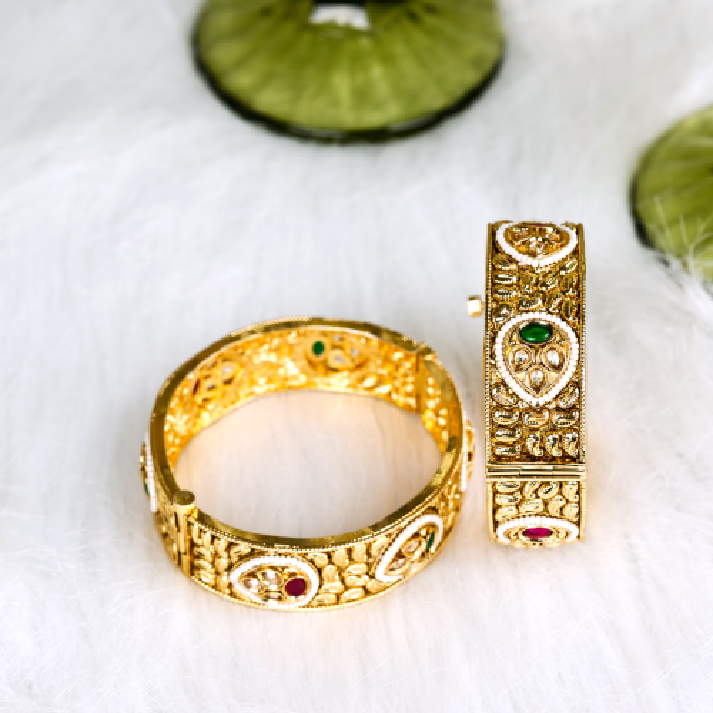 Traditional Antique Gold-Plated Kada Bangles with Ruby & Emerald Accents