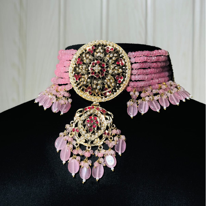 Royal Kundan Pink Beaded Choker Set with Statement Earrings
