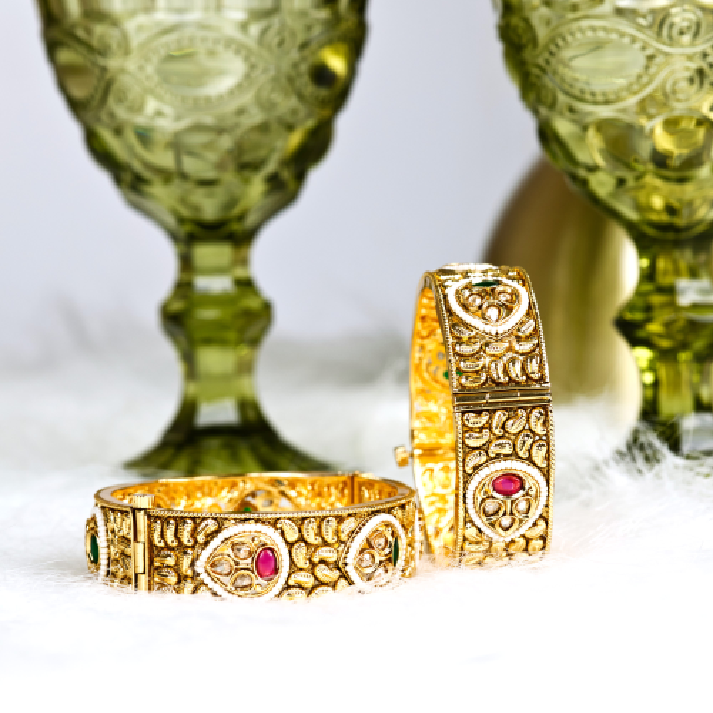 Traditional Antique Gold-Plated Kada Bangles with Ruby & Emerald Accents