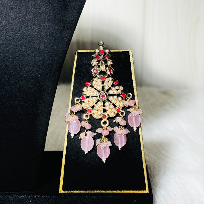 Royal Kundan Pink Beaded Choker Set with Statement Earrings