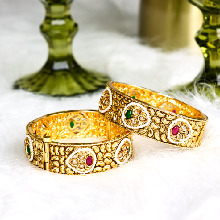 Traditional Antique Gold-Plated Kada Bangles with Ruby & Emerald Accents