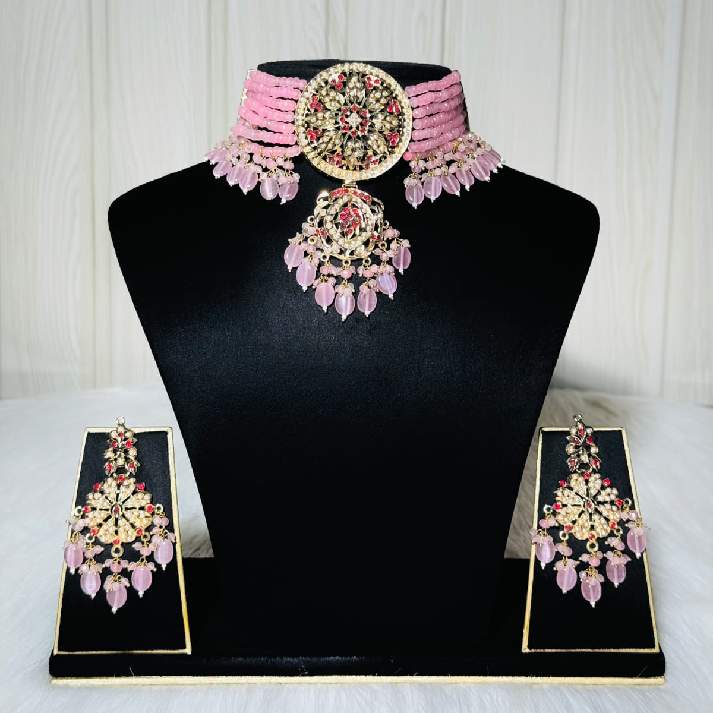 Royal Kundan Pink Beaded Choker Set with Statement Earrings