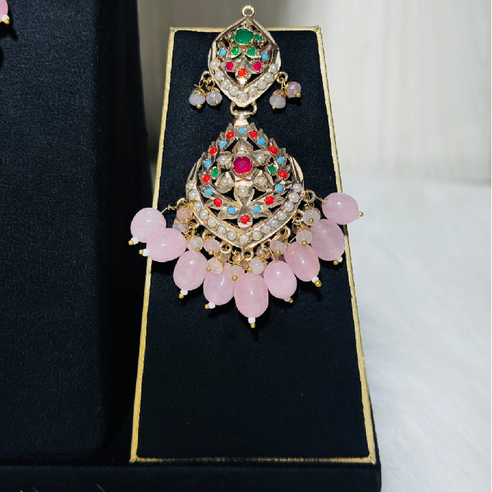 Floral Kundan Multicolor Stone Necklace Set with Pink Drop Beads