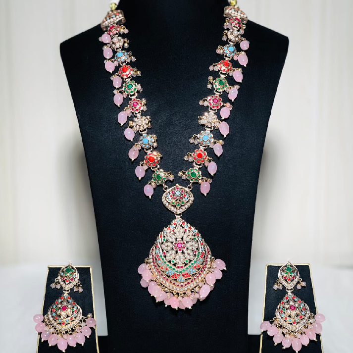 Floral Kundan Multicolor Stone Necklace Set with Pink Drop Beads