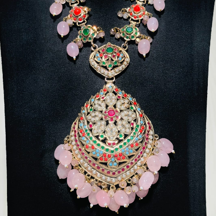 Floral Kundan Multicolor Stone Necklace Set with Pink Drop Beads