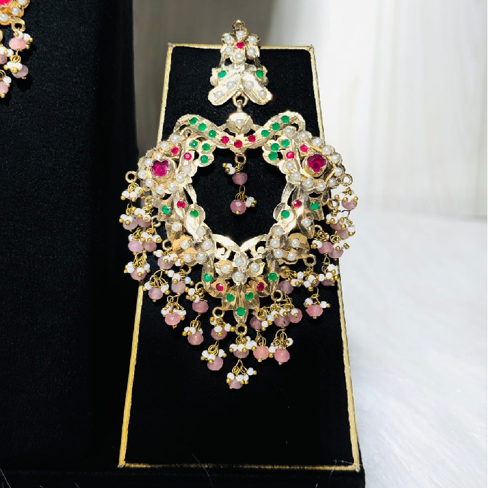 Royal Kundan Pink Beaded Long Necklace Set with Statement Earrings