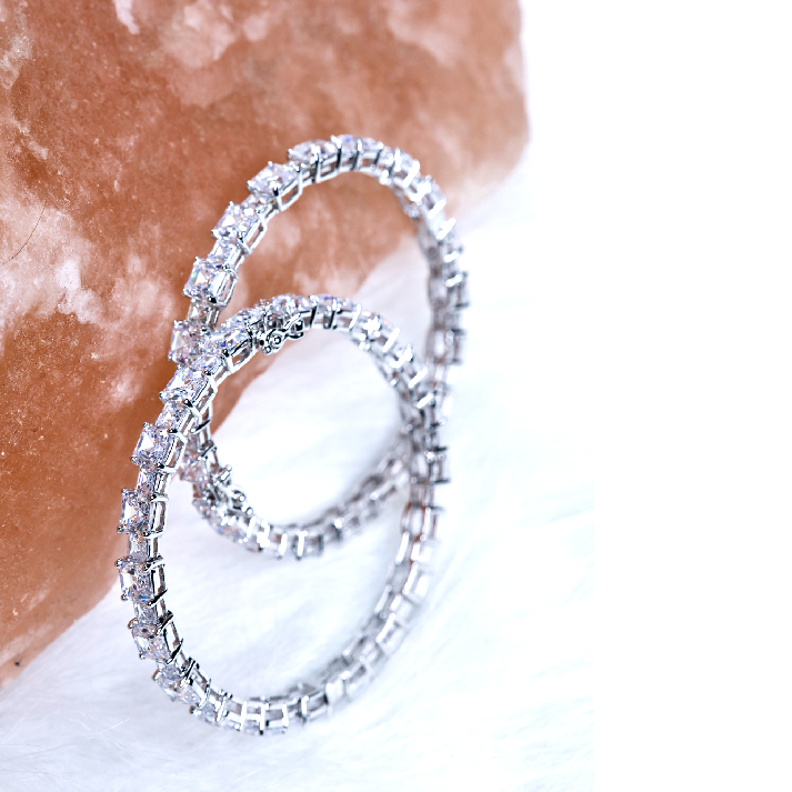 Elegant Silver-Plated Square-Cut Crystal Eternity Bangles