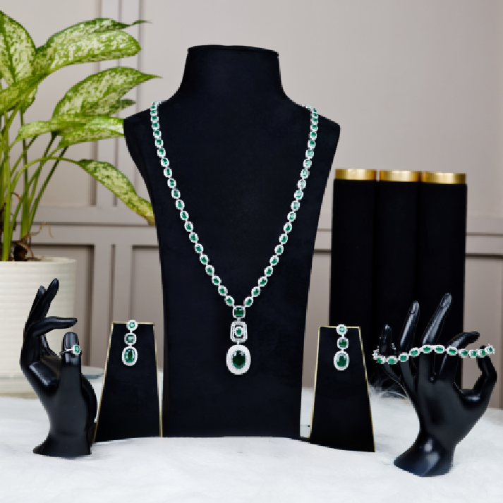 Regal Emerald-Green & Silver Diamond-Halo Ultimate Jewelry Set