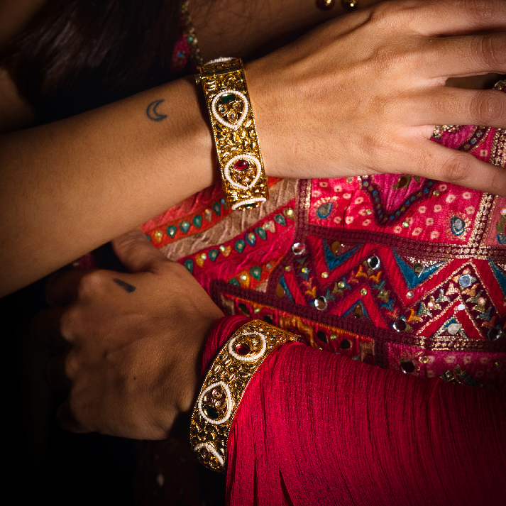 Traditional Antique Gold-Plated Kada Bangles with Ruby & Emerald Accents