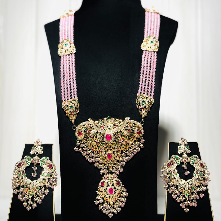 Royal Kundan Pink Beaded Long Necklace Set with Statement Earrings