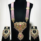 Royal Kundan Pink Beaded Long Necklace Set with Statement Earrings